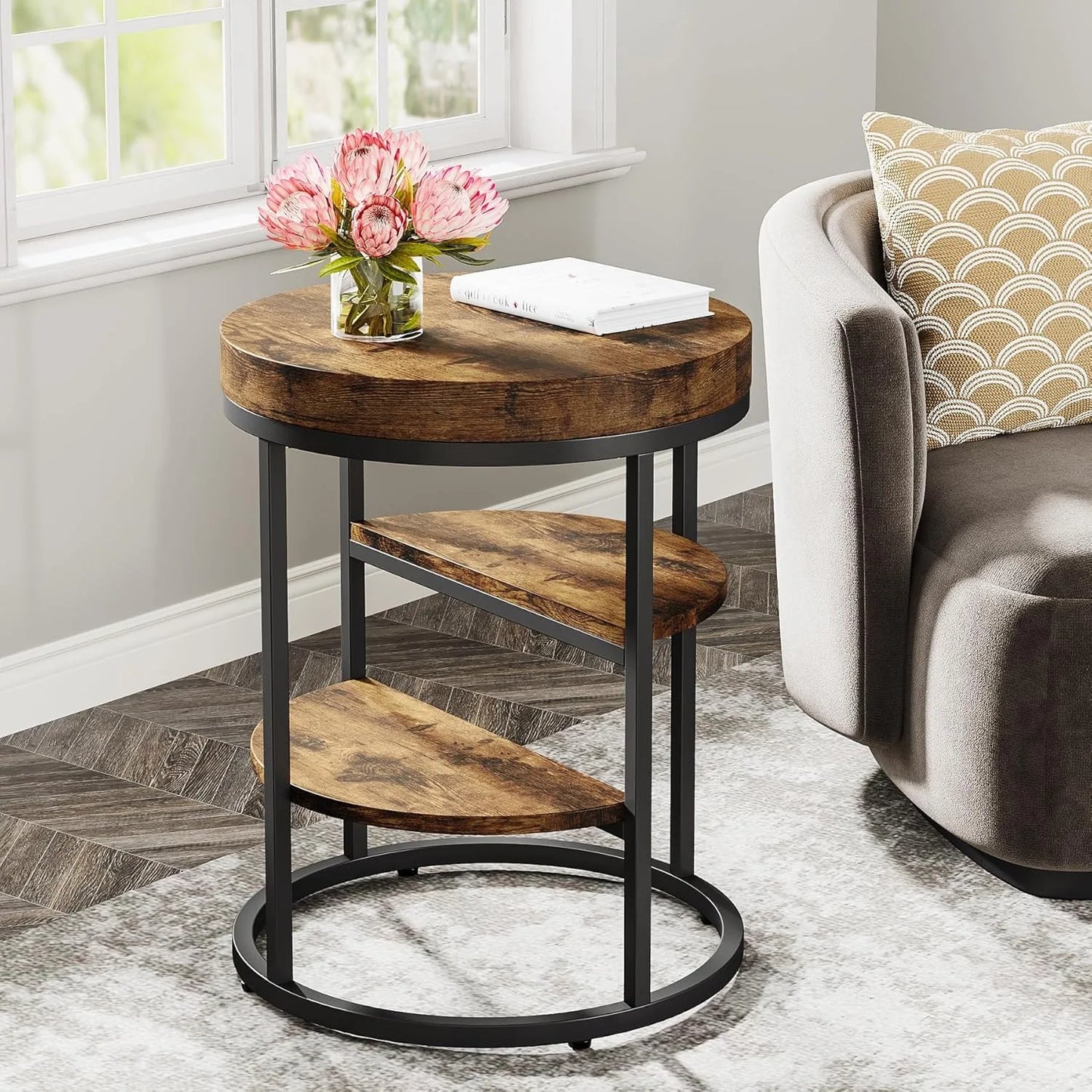 Round End Table with 3 Storage Shelves