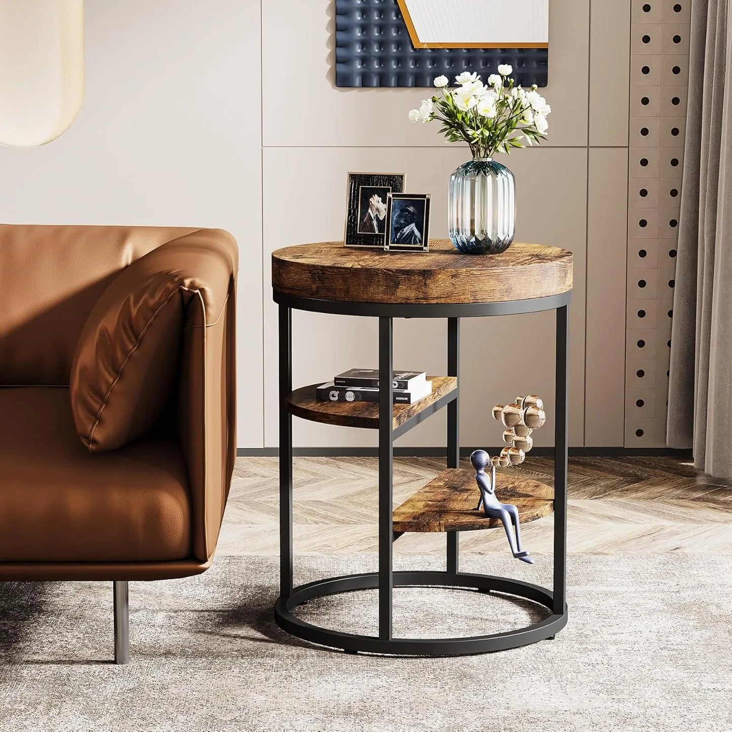 Round End Table with 3 Storage Shelves