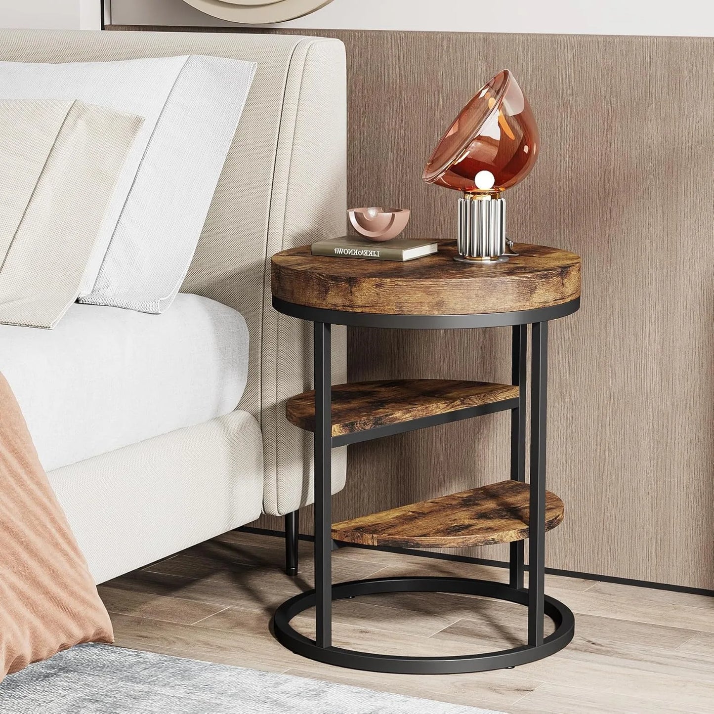 Round End Table with 3 Storage Shelves