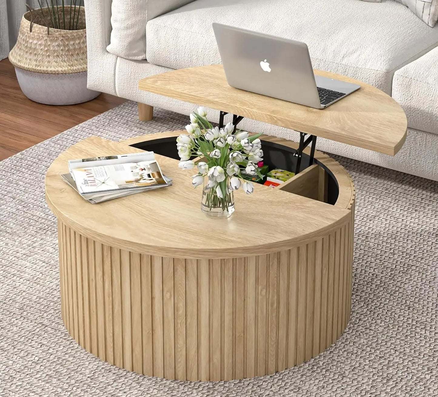 Round Fluted Lift Top Coffee Table