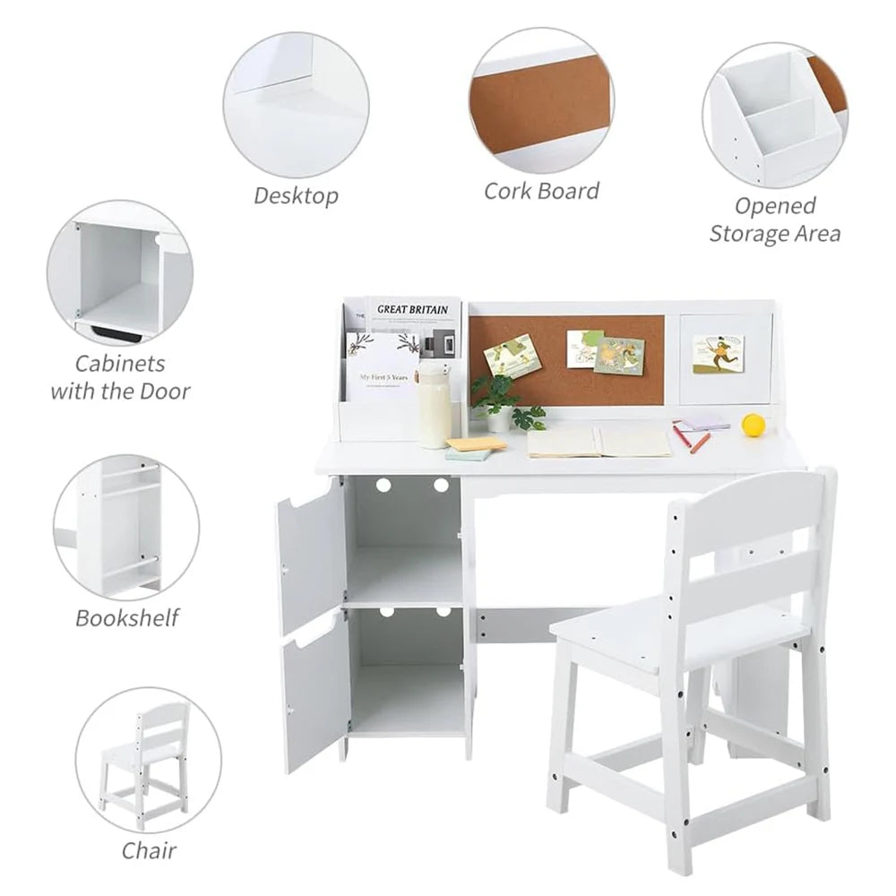 Kids Study Desk and Chair Set Wooden Table with Storage Shelf, Children School Learning Desk Set Writing Table for Ages 3-8