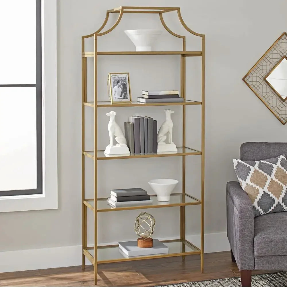 Nola 5 Shelf Gold Glass Bookcase