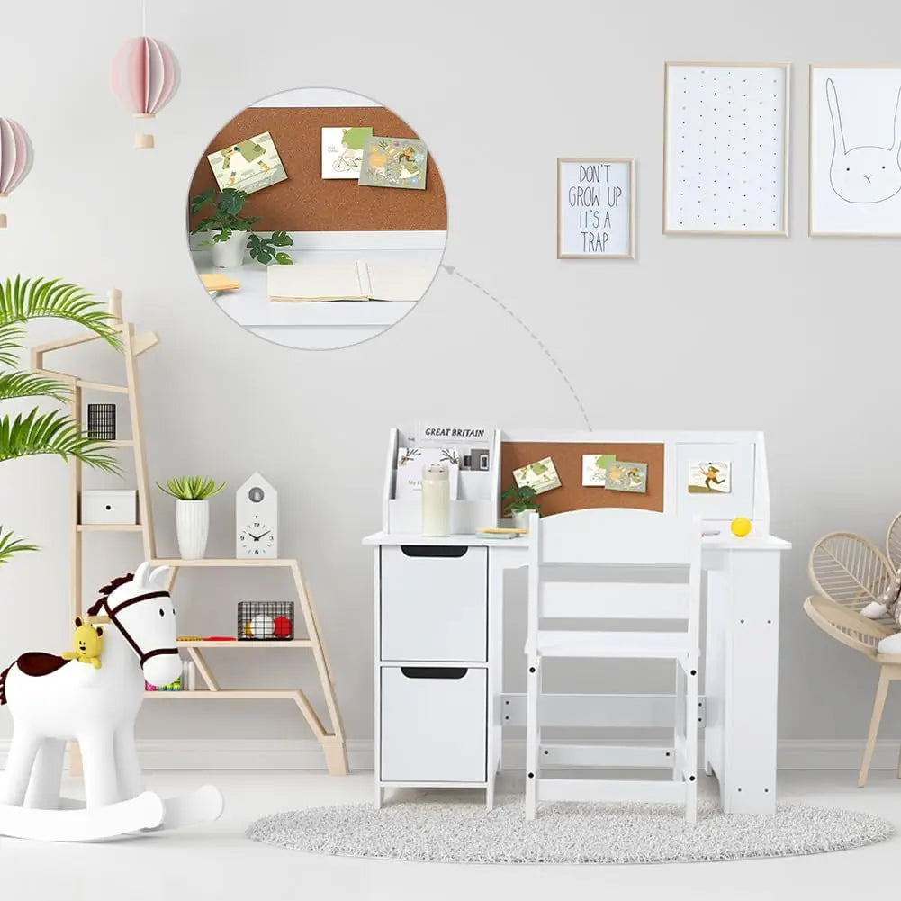 Kids Study Desk and Chair Set Wooden Table with Storage Shelf, Children School Learning Desk Set Writing Table for Ages 3-8