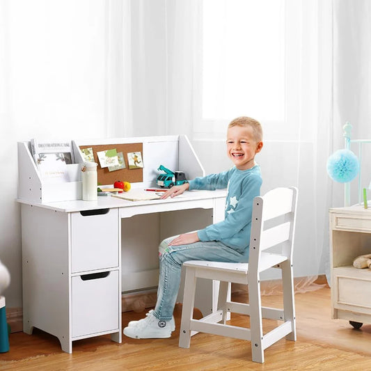 Kids Study Desk and Chair Set Wooden Table with Storage Shelf, Children School Learning Desk Set Writing Table for Ages 3-8