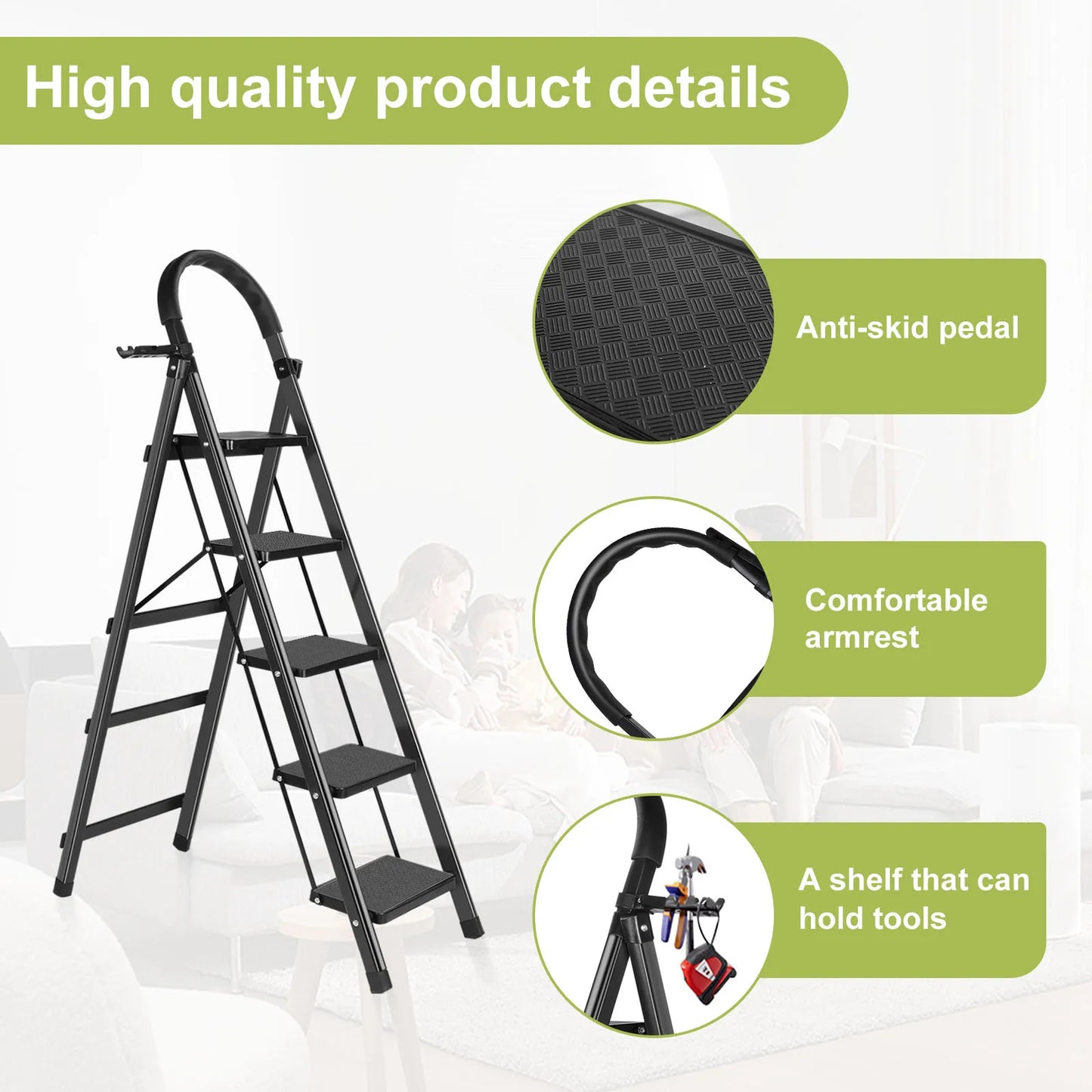 Heavy-Duty Folding Stool with Handrail