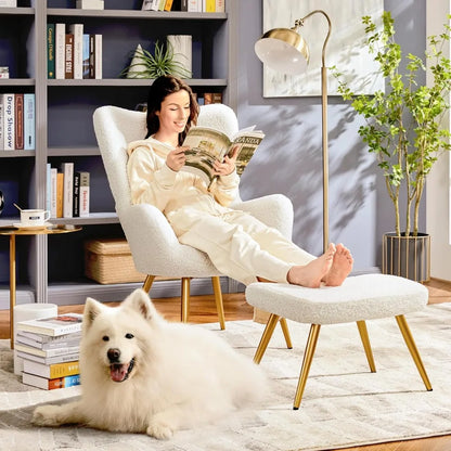 Boucle Accent Chair and Ottoman Set