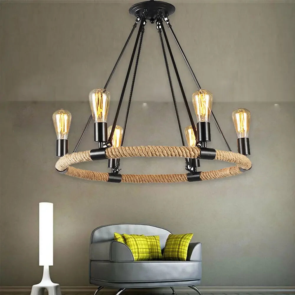 Rustic Industrial Hemp Rope Chandelier