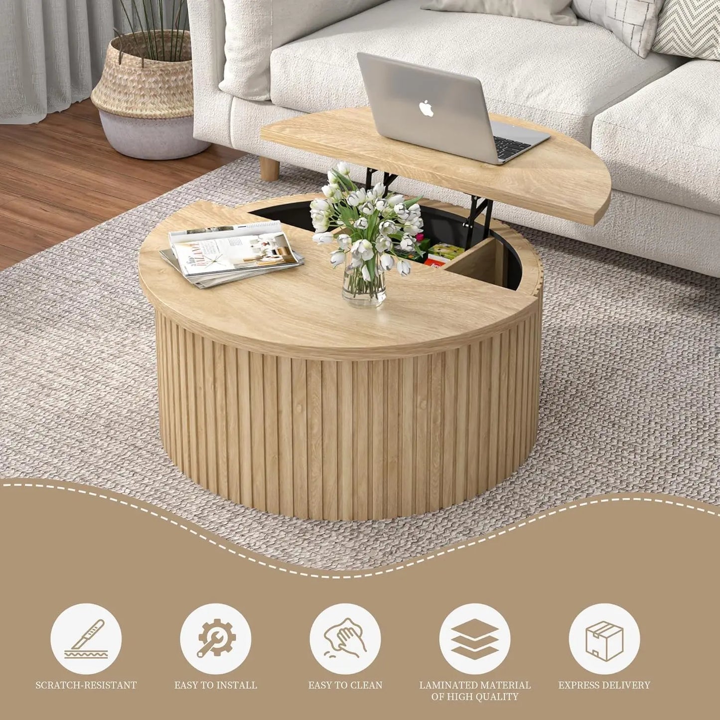 Round Fluted Lift Top Coffee Table