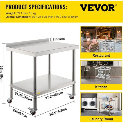 Stainless Steel Prep Table, 30 x 24 x 35