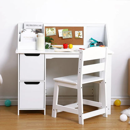 Kids Study Desk and Chair Set Wooden Table with Storage Shelf, Children School Learning Desk Set Writing Table for Ages 3-8