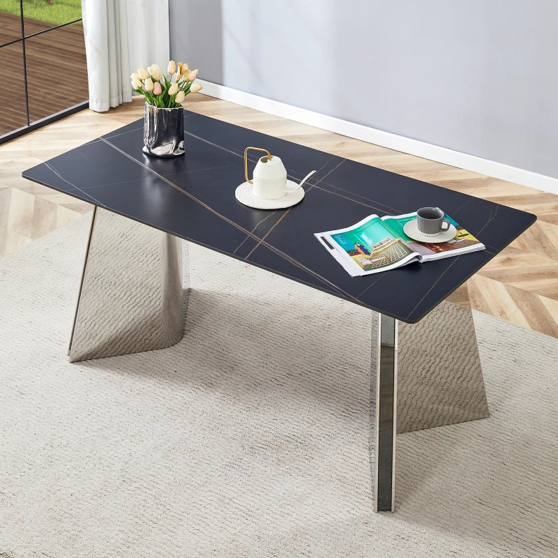 Black Marble-Patterned Slab Dining Table