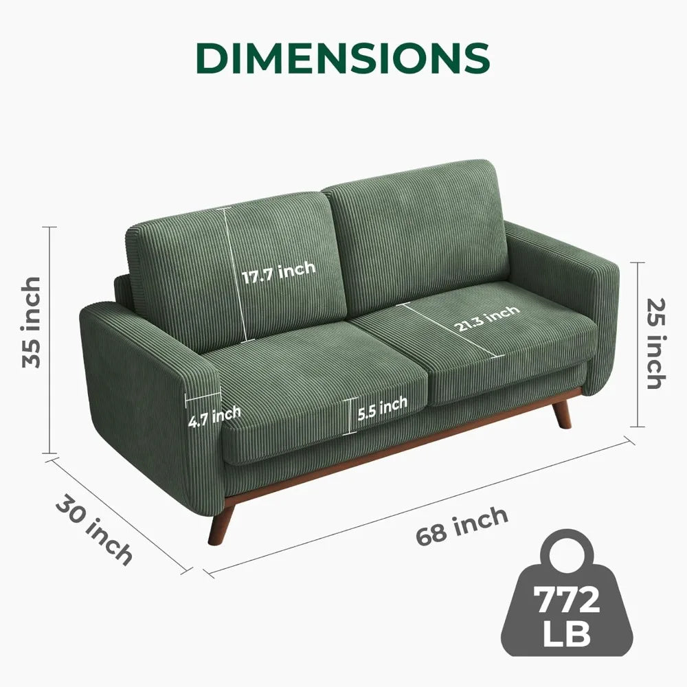 68" Loveseat Sofa - Green, Comfy Corduroy