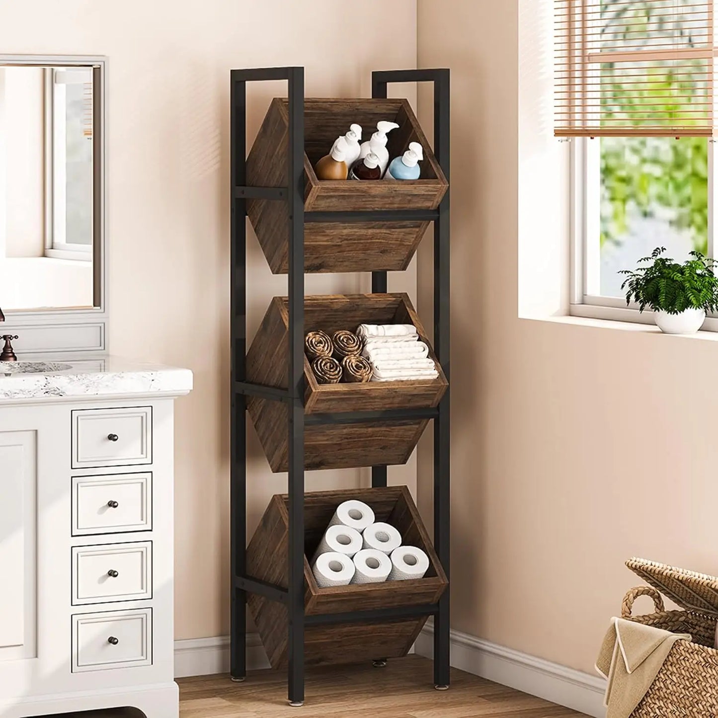 3-Tier Wooden Basket Stand