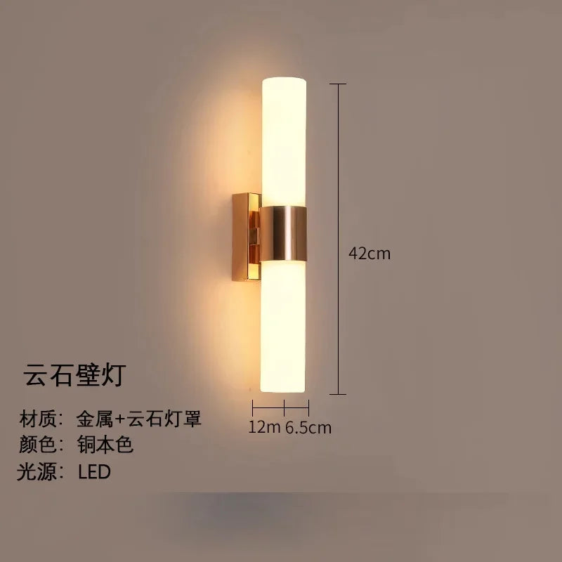 Post-modern Nordic Simple Marble Wall Lamp Living Room Background Wall Bedroom Bedside Column Study All Copper Decorative Lamps