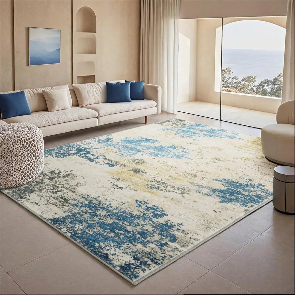 Blue Modern Abstract Low Pile Large Carpet